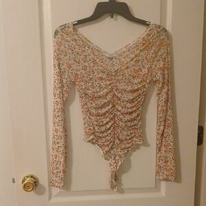 Iris Cream & Floral Sheer Ruched Long Sleeve Bodysuit